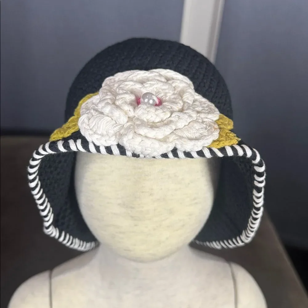Daisy Baby Black Crocheted Sun Hat Layered Flower 100% Cotton 2-8 years NEW